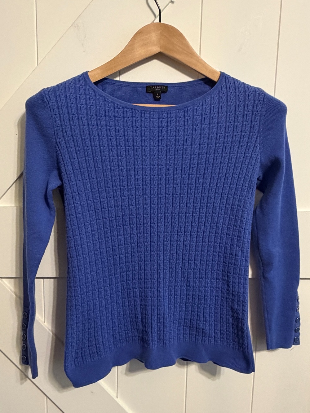 Talbots Petite Blue Cable Knit Sweater Women’s P Cotton Blend Button Cuff